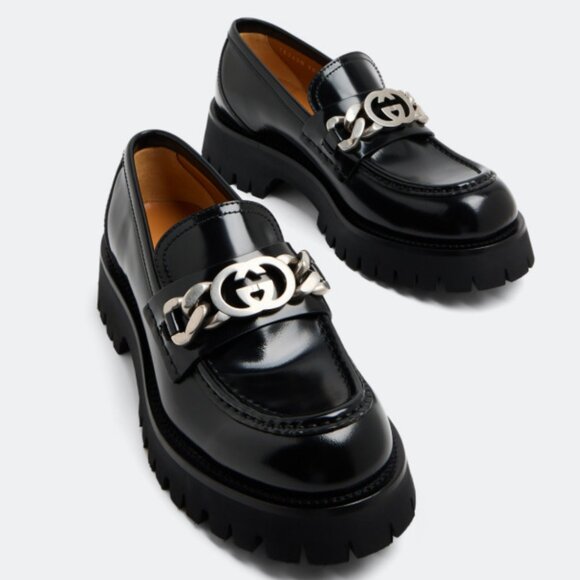 Gucci Moccasin Loafers Cordovan Lux Black Leather GG Chain Link Sz 39 - Picture 1 of 14